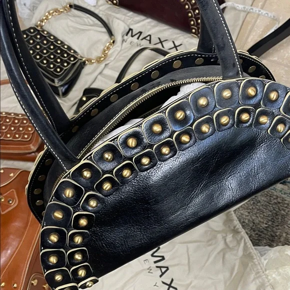 Maxx New York Leather Black Gold stud brass ball Studded Shoulder Bags - Picture 10 of 17